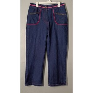 Y2K 90s Finejeans‎ Stretch Size 16 High Rise Pink Trim Wide Denim Cropped
